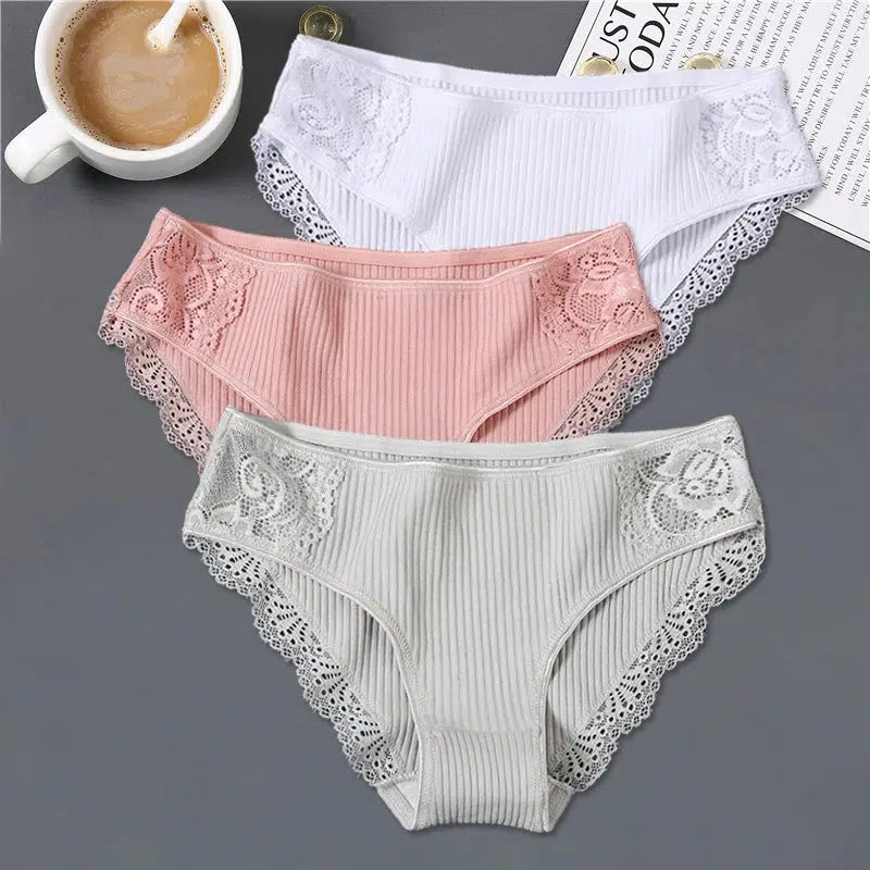 Cheky - FINETOO 3Pcs/set Women Cotton Panties M-2XL Low-Rise Underwear Trendy Patchwork Lace Briefs Female Soft Underpants Lingerie 2022