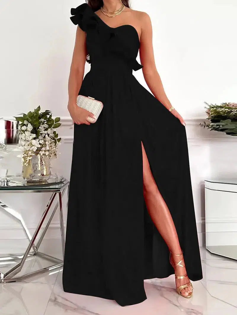 Cheky - Ladies Off Shoulder Diagonal collar Pleated Evening Dress Solid Sleeveless Ruffle Hem Elegant Dress Summer Sexy Slit Maxi Dress