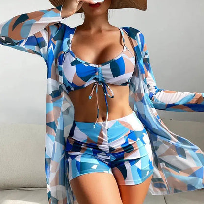 Cheky - Summer Print Swimsuits Tankini Sets Female Swimwear Push Up For Beach Wear Three-Piece Bathing Suits Pool Women's Swimming Suit