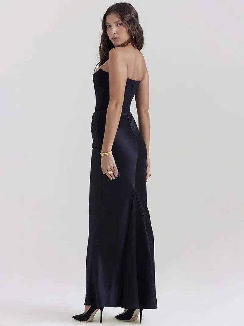 Cheky - Elegant Strapless Bodycon Maxi Dress - Sexy Black Off-Shoulder