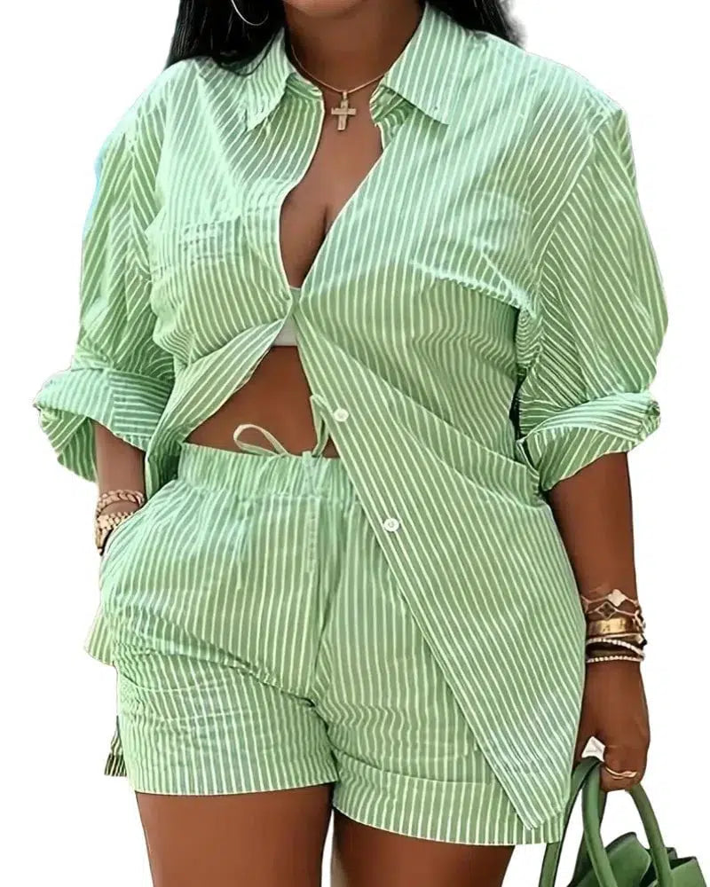 Cheky - Plus Size 2Piece Outfit for Women Button Down Plaid Shirt Casual High Waist Shorts