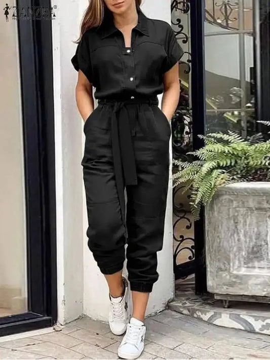 Cheky - Summer Fashion OL Work Jumpsuit Vintage Cargo Rompers Woman Lapel Neck Short Sleeve Playsuits Elegant Party Overall