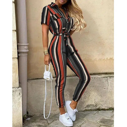 Cheky - Women's Monochromatic Belt Workwear Jumpsuit, Casual Pants, Flip Collar, Buckle, European and American, Summer, 2023