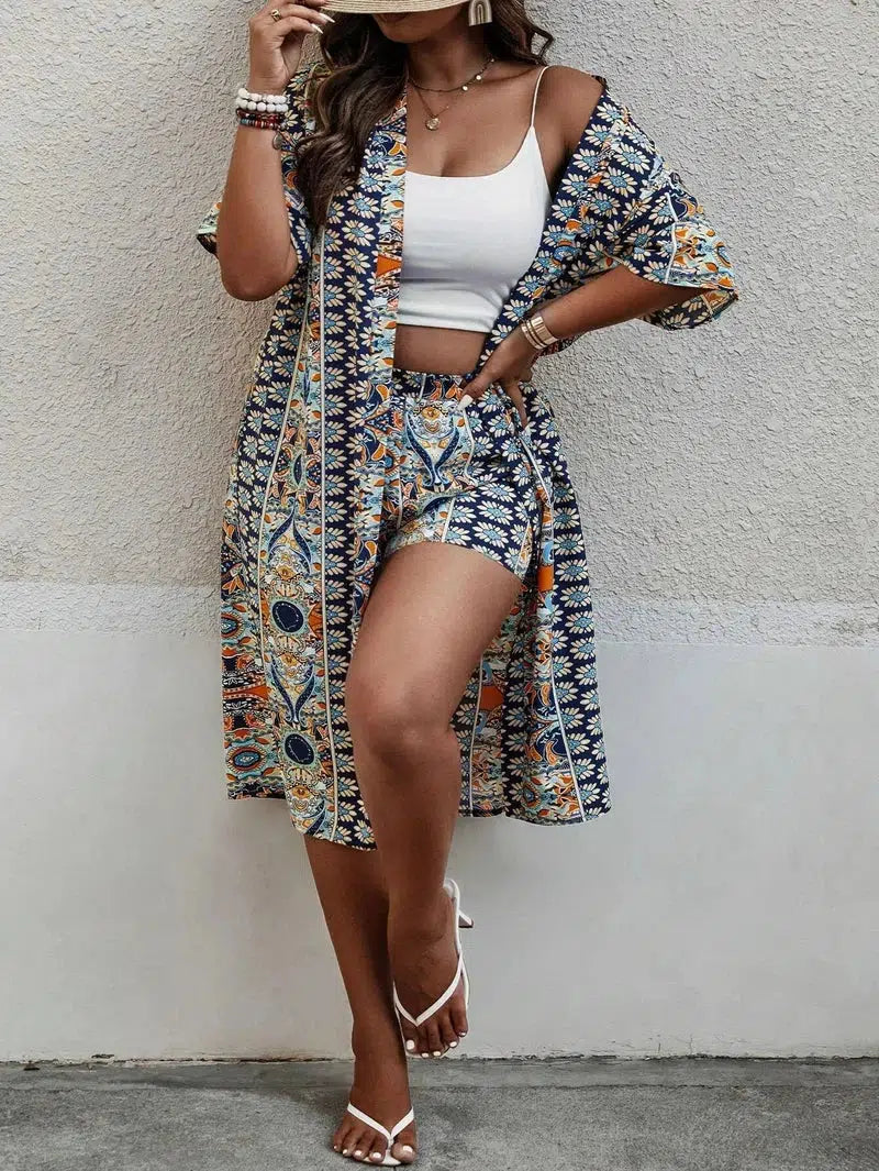 Cheky - Women's Plus Size Printed Two-piece Set, featuring a bohemian print open front kimono with short sleeves and shorts ensemble.