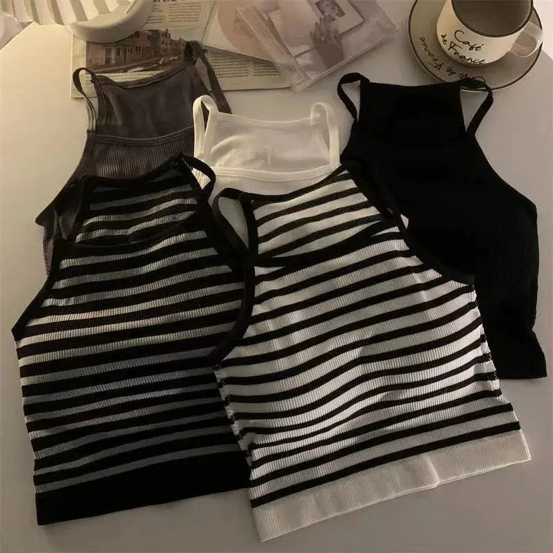 Cheky - Korean Version Women Tank Tops Thread Solid Casual Fashion Crop Top with Chest Pad Stripe Sleeveless Outer Wear Basic Camisole