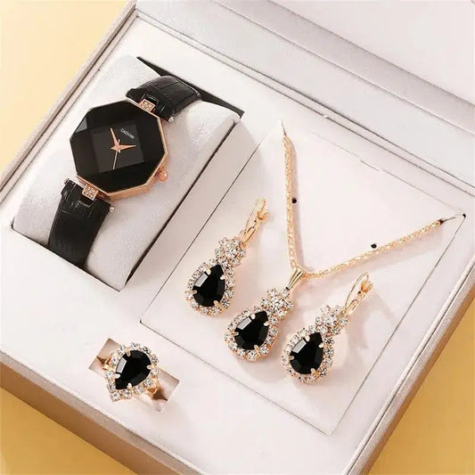 Cheky - 5pcs Set Watches Set Luxury Rhinestone Women Fashion Elegant Wristwatch Quartz Watch For Girl Ladies Clock Relogio