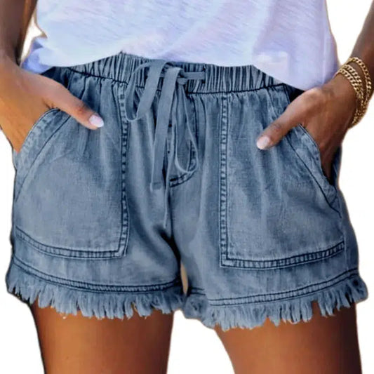 Cheky - Casual Drawstring Elastic Waist Frayed Hem Loose Short Jeans