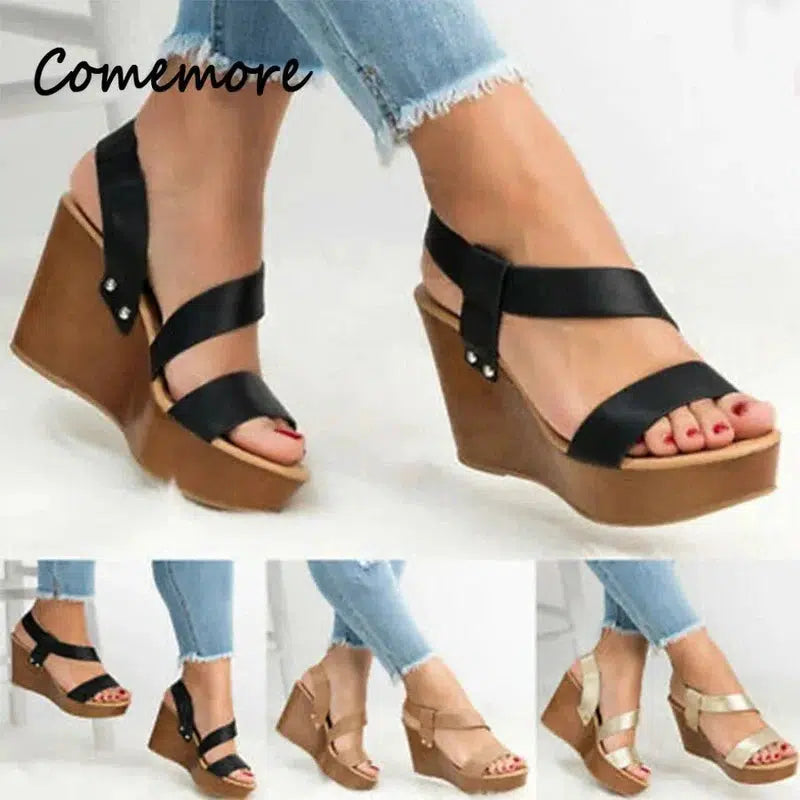 Cheky - Comemore Women Sandals Wedge Summer Platform Sandals Causal Slip on Concise Fashion Wedges Heels Solid Open Toe Lady Shoes