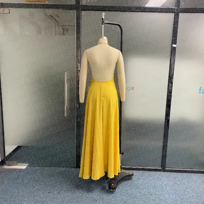 Cheky - Ellafads Women Maxi Dress Elegant Solid Yellow Sleeveless Chain Halter Neck Backless Evening Party Dresses High Streetwear