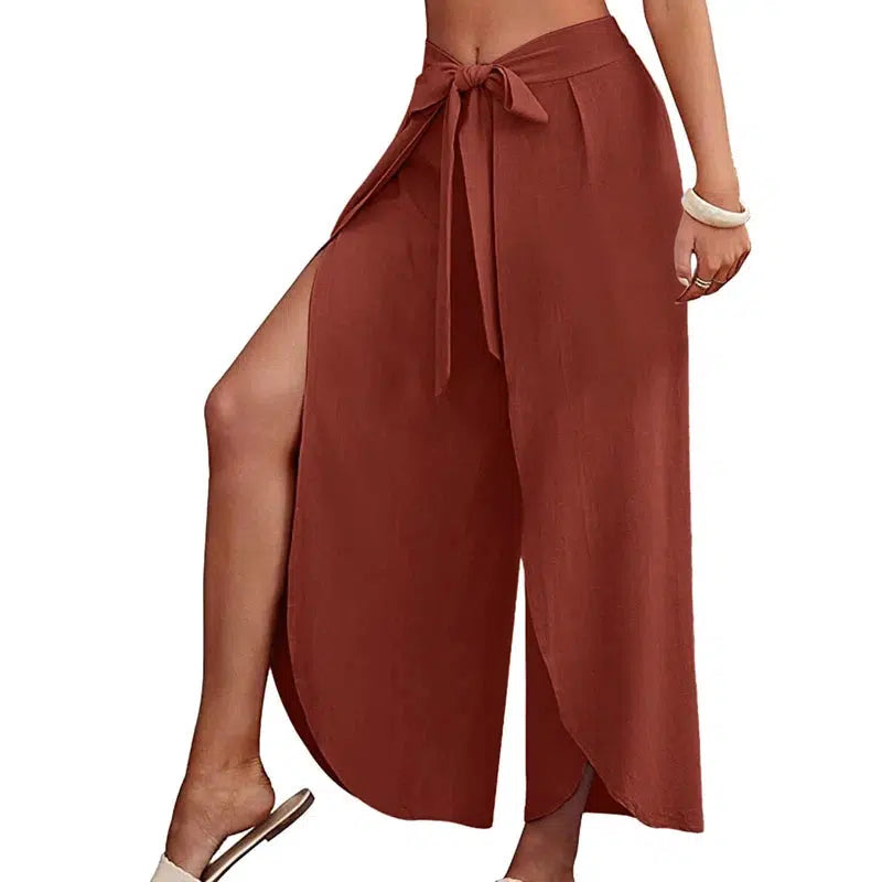 Cheky - Women's Fashion Loose Casual Solid Color High Waist Flowy Wide Leg Pants Front Split Wrap elegant lace-up Length Trousers