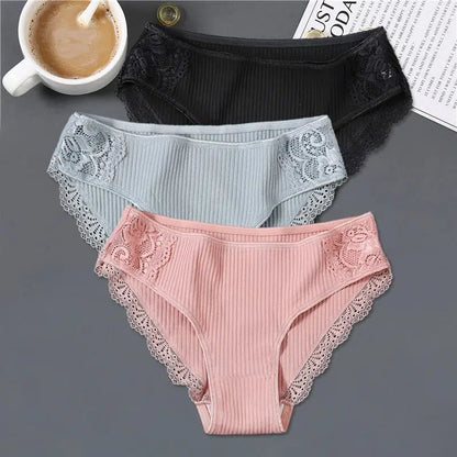 Cheky - FINETOO 3Pcs/set Women Cotton Panties M-2XL Low-Rise Underwear Trendy Patchwork Lace Briefs Female Soft Underpants Lingerie 2022