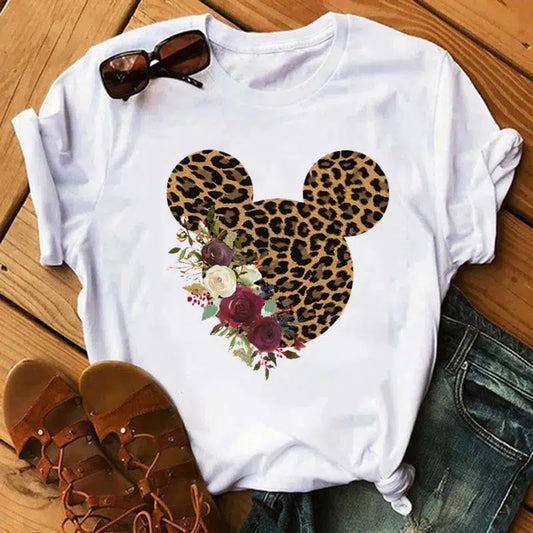 Cheky - Disney T Shirt Women Flower Minnie Mouse Clothes Leopard Print Kawaii T-Shirt Summer Tops Harajuku Black Women Tees