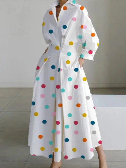 Cheky - White Dot Print Maxi Dress - Elegant Long Sleeve Autumn