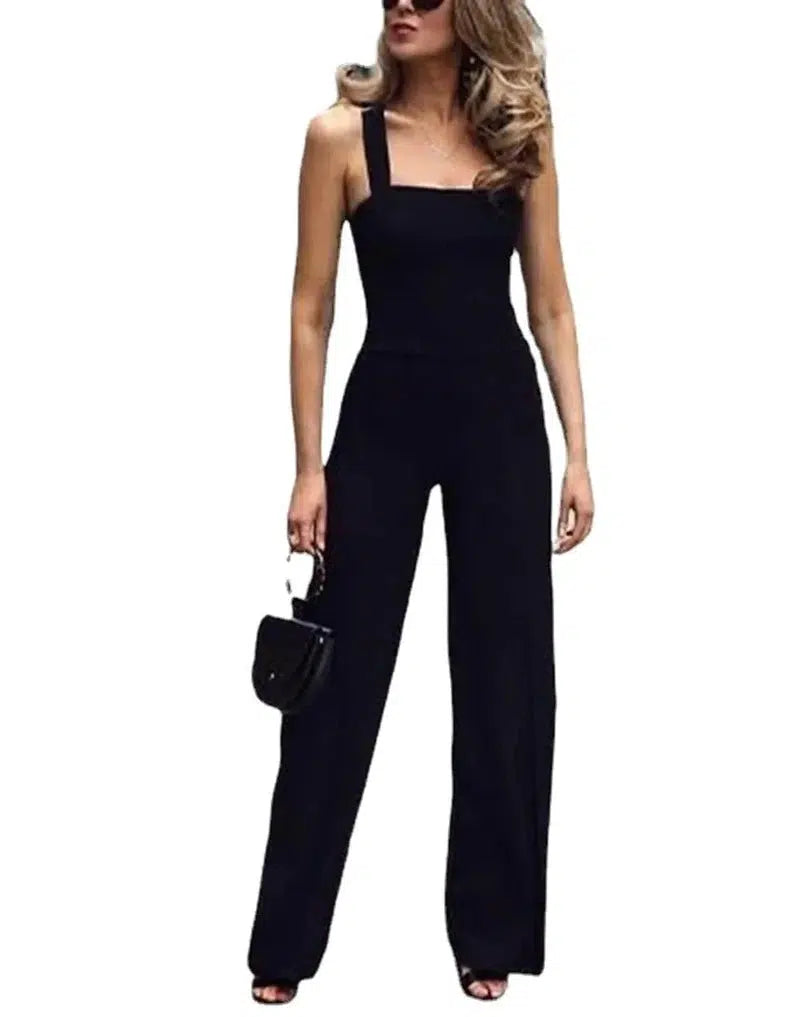 Cheky - New Women's Elegant Jumpsuit Spaghetti Sleeveless Backless Wide Leg Pants Fashion Solid Evening Party Formal Rompers