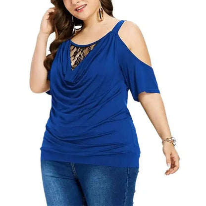 Cheky - Plus Size Summer Women Blouse Lace Short Sleeves Hollow Out Solid Color See-through Off Shoulder Shirts Blouse Top