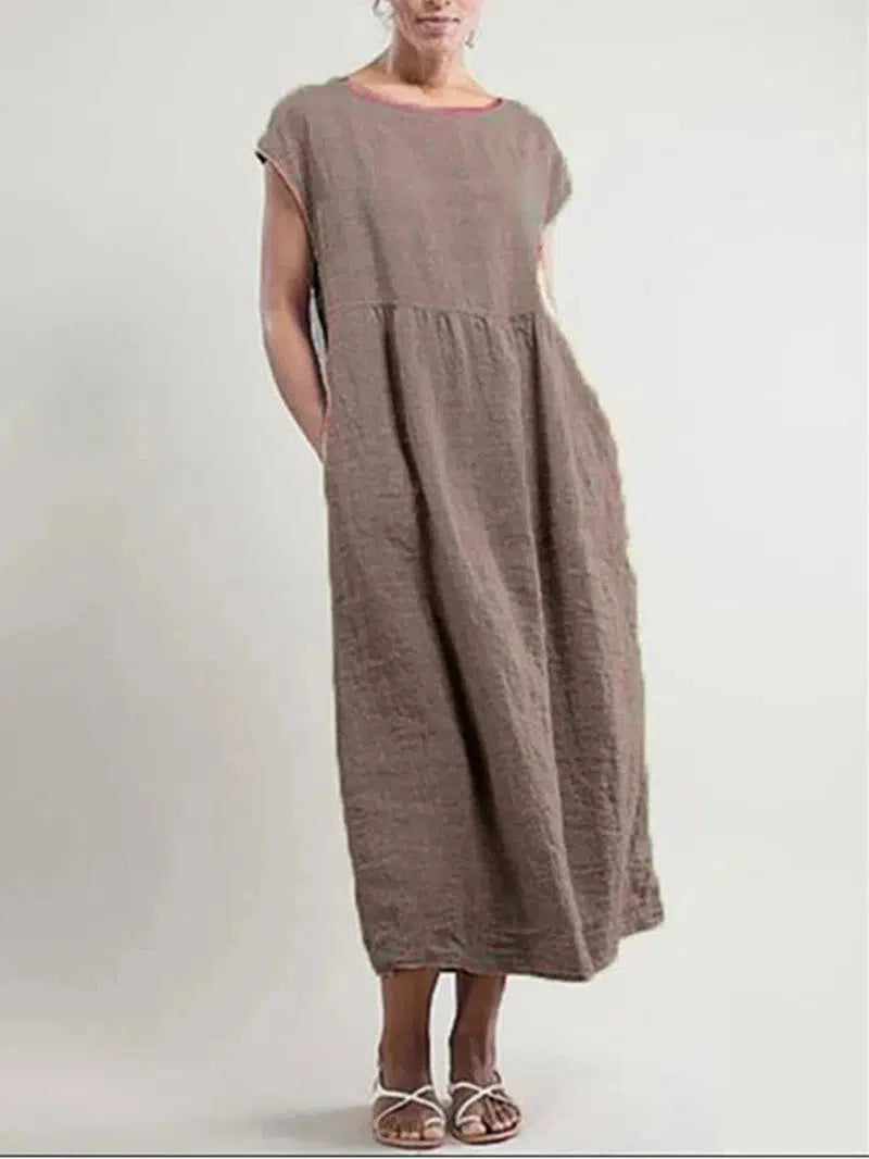 Cheky - Elegant Solid Maxi Dress - Women's Vintage Cotton Linen Sundress with Pockets