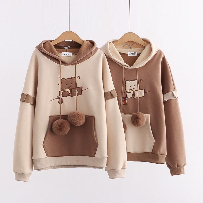 Cheky - Hooded Bear Embroidery Plus Velvet Sweater Loose And Thin Coat Women