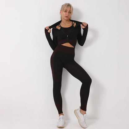 Cheky - 3PCS Yoga Set Seamless Sport Set Women Gym Clothing Leggings Women Crop Top Sports Bra Women Fitness Gym Set Womens Outfits Tracksuit