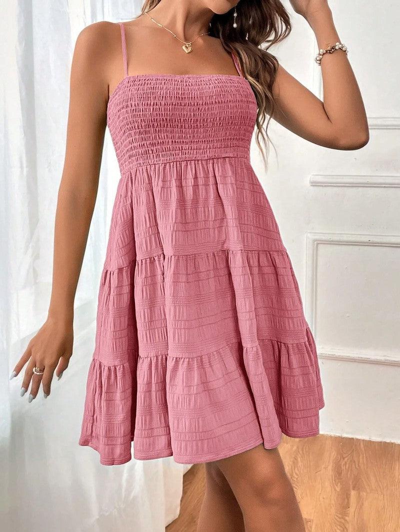 Cheky - Summer Square-collar Suspender Pleated Dress Fashion Solid Color Beach Dresses For Womens Clothing