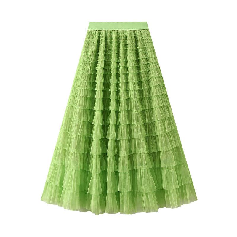 Cheky - A-Line Mesh Ruffle Skirt Women's Temperament Sweet Long Skirt Slim Cupcake Dress Womens Clothing