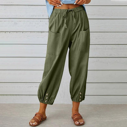 Cheky - Women Drawstring Tie Pants Spring Summer Cotton And Linen Trousers With Pockets Button