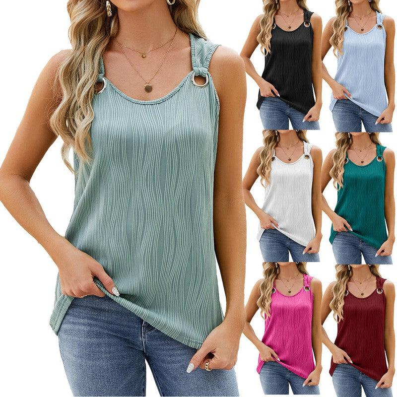 Cheky - Women's Vest With Metal Button Design Fashion Solid Color Round Neck Sleeveless T-shirt Summer Tank Tops Womens Clothing