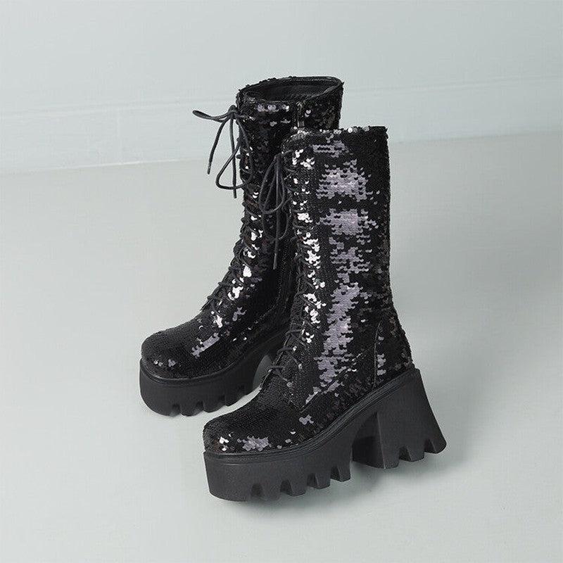 Cheky - Sequins Mid-calf Martin Boots Round Head Front