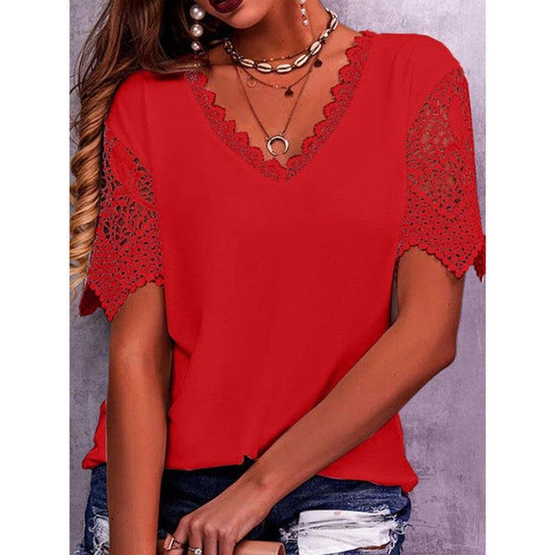 Cheky - Lace Tops Women Summer Loose V Neck Short Sleeve Casual Shirts