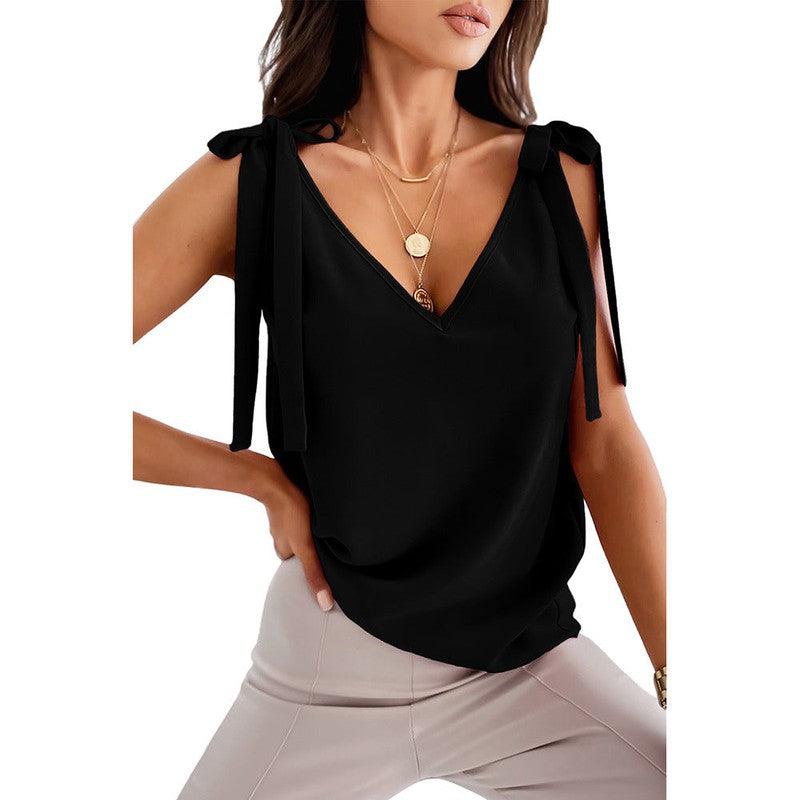 Cheky - Bowknot Tie Up Camisole V-neck Shirts Women Summer Sleeveless Tank Tops