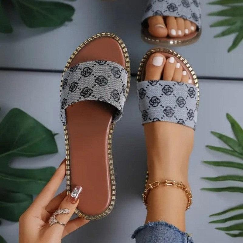 Cheky - Summer Flower Print Flat Sandals For Women Non-slip Slides Slippers Vacation Casual Beach Shoes