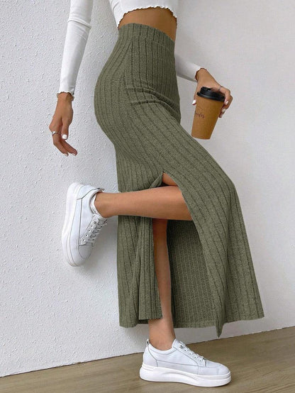 Cheky - Spring Long Skirt High Waist Side Slit Slim Fit Knitted Women's Dress