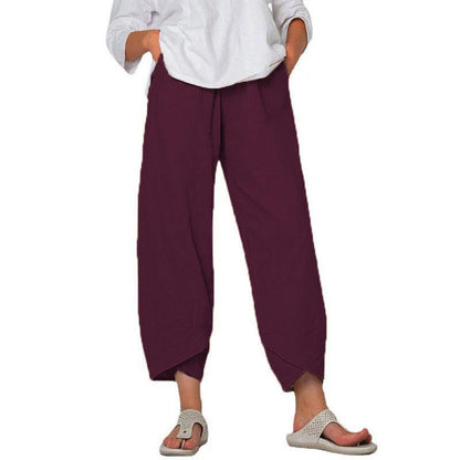 Cheky - Cotton And Linen Wide Leg Pants Solid Color High Waist Loose Casual Trousers For Women