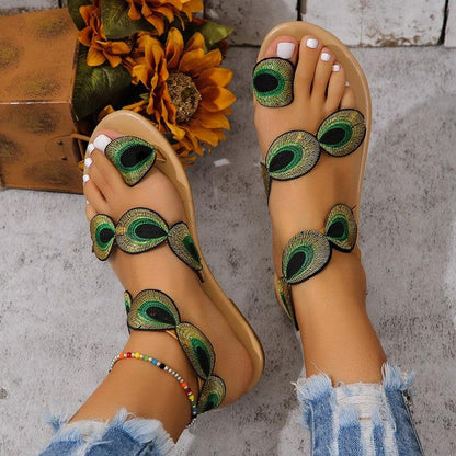 Cheky - Fashion Peacock Embroidery Pattern Flat Sandals Summer Vacation Casual Clip Toe Beach Shoes For Women