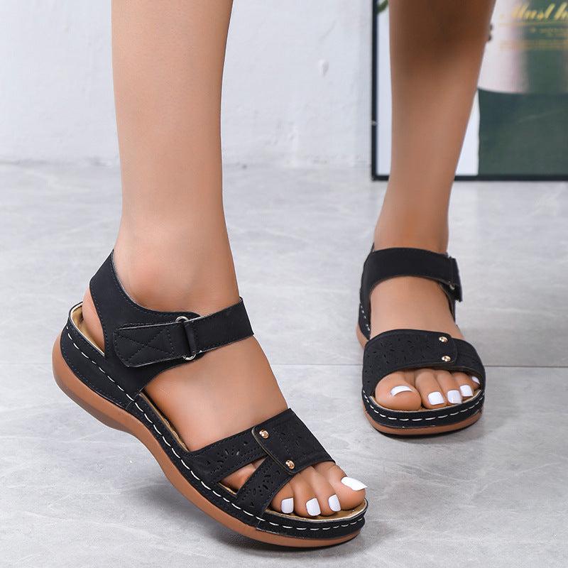 Cheky - Summer Wedges Roman Sandals For Women Casual Hollow Velcro-design Beach Shoes