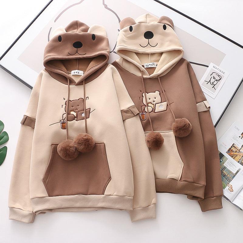 Cheky - Hooded Bear Embroidery Plus Velvet Sweater Loose And Thin Coat Women