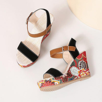 Cheky - Fashion Flowers Embroidered High Wedge Sandals For Women Summer Toe Platform Buckle Shoes