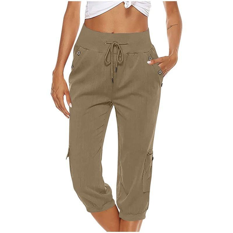 Cheky - Women's Cropped Pants Cotton Linen Cargo Pocket Casual Pants