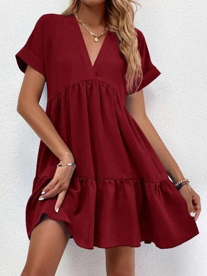 Cheky - New Short-sleeved V-neck Dress Summer Casual Sweet Ruffled Dresses Solid Color Holiday Beach Dress For Womens Clothing