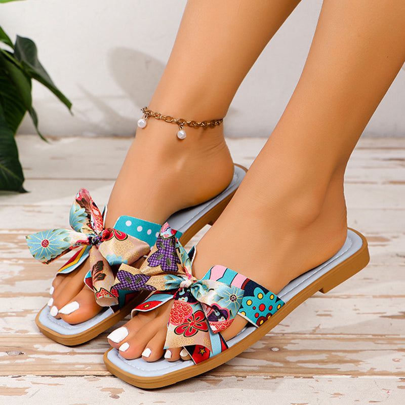 Cheky - Ribbon Bow Sandals Summer New Square Toe Low Heel Sandal For Women Slides Fashion Casual Beach Shoes