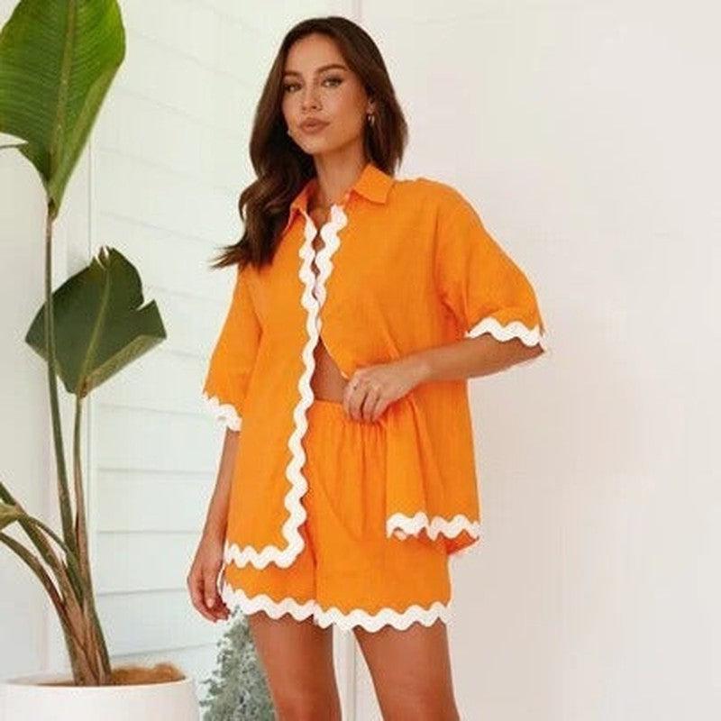 Cheky - 2Pcs Summer Shirt Suit With Short-sleeved V-neck Shirt And Shorts Fashion Wave Print Suits For Womens Clothing