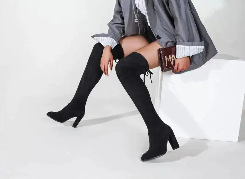 Cheky - Autumn And Winter Black Over-The-Knee Boots Pointed Suede Women High-Top Fashion Boots Boots Women