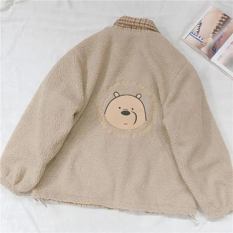 Cheky - Bear embroidered lamb fur plaid coat