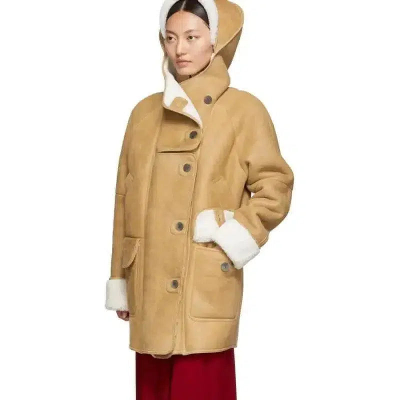 Cheky - Camel fur cute bear hooded zipper long coat