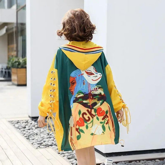 Cheky - Cartoon stitching hooded trench coat