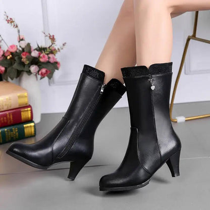 Cheky - Chic Heart Charm Zipper High Heel Boots - Versatile Winter Fashion