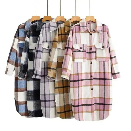 Cheky - Contrasting Plaid Casual Fashion Simple Long Woolen Coat