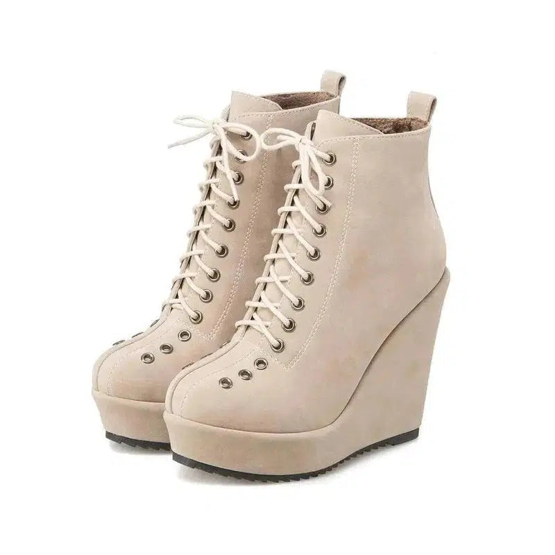 Cheky - High-heeled Sponge Cake Was Thin Suede Lace-up Martin Boots Women