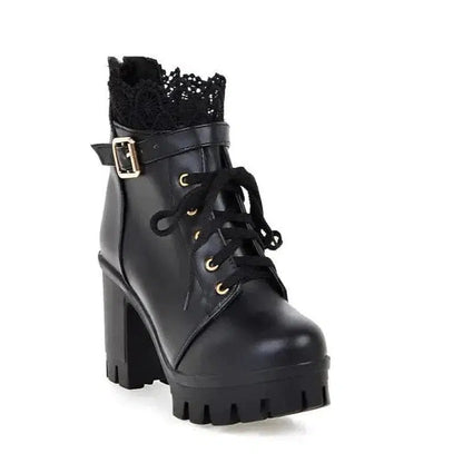 Cheky - Lace Ankle Boots Lace-up Square Heeled Shoes Women White Black Boots