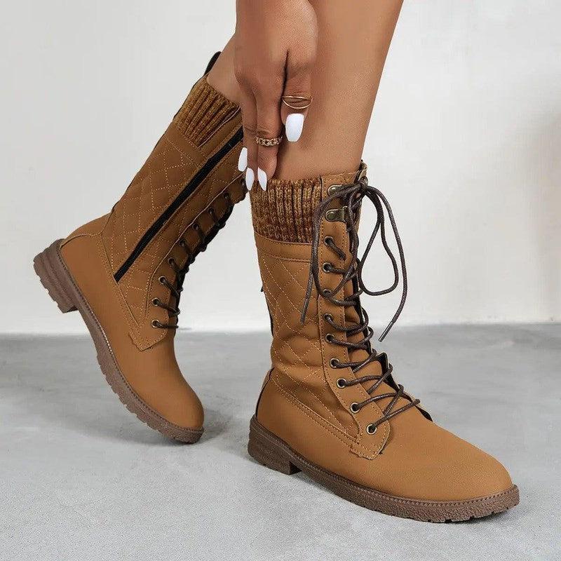 Cheky - Lace Up Boots Winter Cowboy Boots Women Block Heel Round Toe Shoes