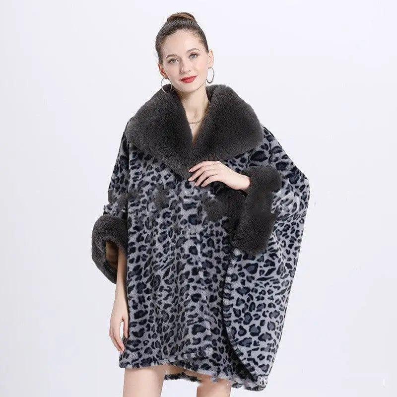 Cheky - Leopard Print Big Hair Leader Mouth Cardigan Cape Women